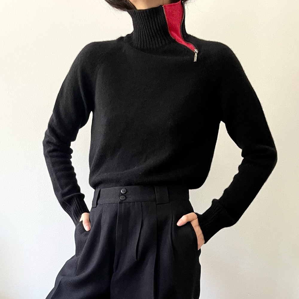 Garnet Hill black cashmere turtleneck sweater with zip detail sz S or M